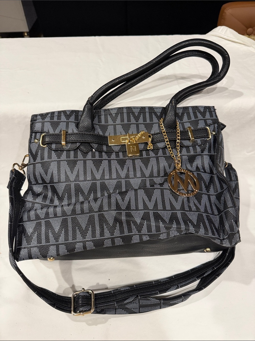Monogram Black and Gray Satchel with Gold Charm